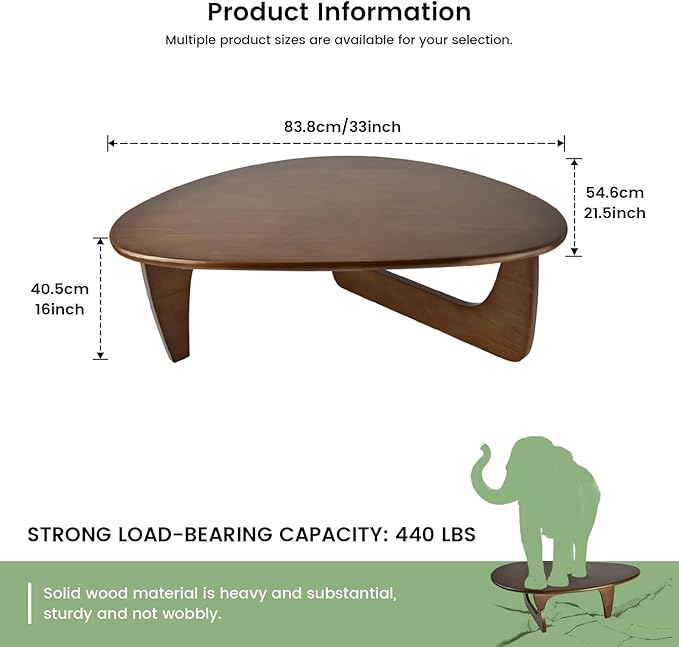 Solid Wooden Modern Triangle Coffee Table: Unique Funky Coffee Tables for Living Room, Oval Mid-Century Irregular Abstract Tea Tables for Patio Office Balcony Bedroom (Walnut, 33" L x 22" W x 16" H)