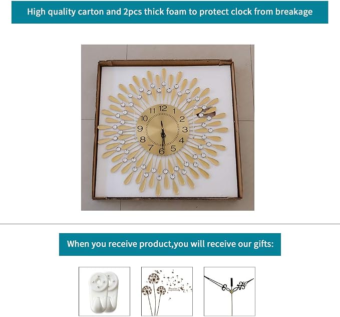 Large Wall Clock Metal Decorative 3D Non-Ticking Silent Quartz with Arabic Numerals for Living Room Home Kitchen Decor Gold