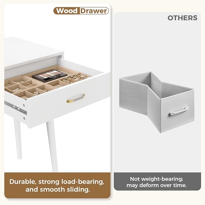 FUNKOCO White Small Desk with Drawers - 40 Inch White Home Office Study Writing Desk for Bedroom, Vanity Desk with 4 Solid Legs, Modern Computer Desk for Small Spaces
