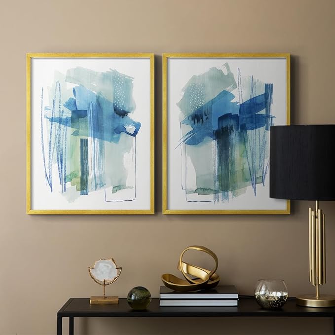 Renditions Gallery Set of 2 Peel & Stick Framed Prints, Modern Abstract Wall Art, Blue and Neutral Bold Brushstrokes Wall Decor, Re-Stickable - Ready to Hang - 16"x20" - GOLD Frame LT588