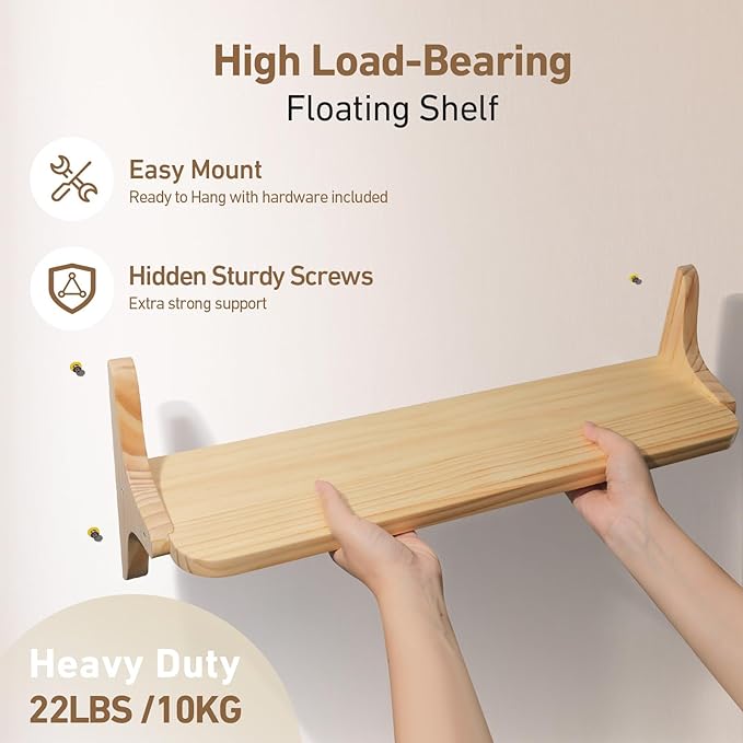 Wooden Floating Shelves for Wall, 15.7" W x 5" D x 0.6" H Large Wall Shelves, Hanging Storage Shelf with Sturdy Brackets for Living Room, Kitchen, Bathroom, Bedroom Decor, Natural, 3 Packs