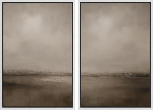 MUDECOR Framed Canvas Print Wall Art Abstract Brown and Taupe Modern Minimalist Misty Landscape Illustrations Modern Art Decorative Bohemian for Living Room, Bedroom, Office - 24"x36"x2 White