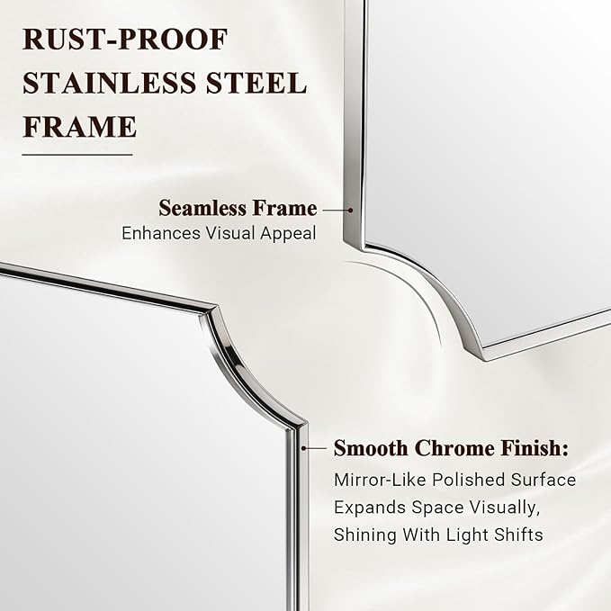 ANDY STAR 28x36 Inch Chrome Bathroom Mirror, Scalloped Mirror for Bathroom, Polished Chrome Mirror in Anti-Rust Stainless Steel Metal Thin Frame Deep 1", Hangs Vertically or Horizontally