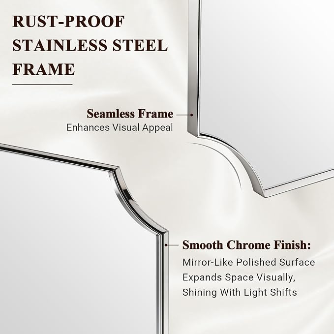 ANDY STAR 30x48 Inch Chrome Mirror, Large Scalloped Bathroom Mirror, Unique Rectangle Mirror with Rust-Proof Stainless Steel 1" Frame, Hangs Vertically or Horizontally