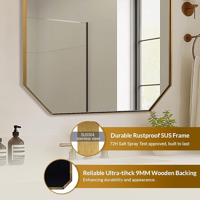 ANDY STAR Gold Octagon Bathroom Mirror, 30x40 Inch Stainless Steel Metal Frame, Anti-Rust, Shatterproof HD Glass, Wall Mounted for Bathroom, Bedroom, Living Room
