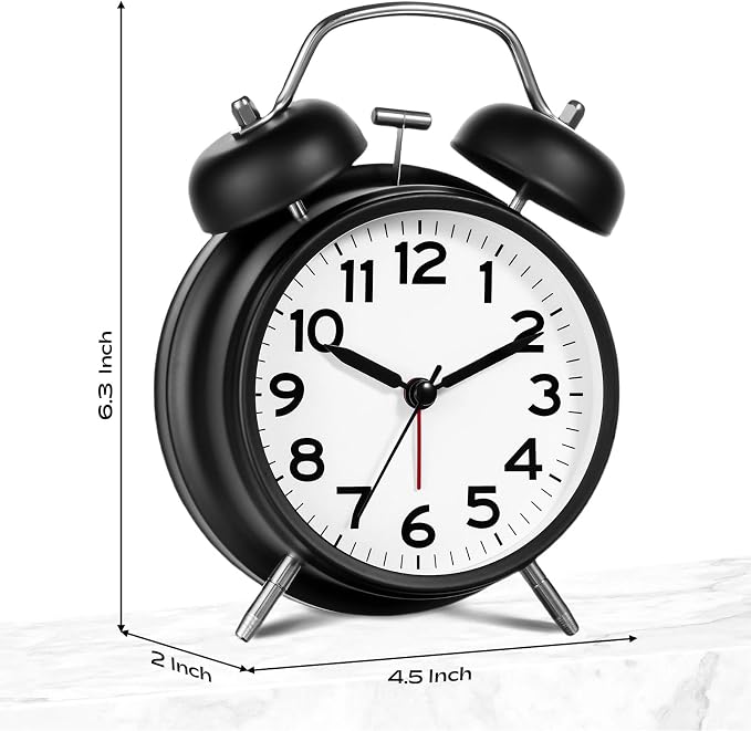 AKCISOT Loud Alarm Clock for Heavy Deep Sleepers, 4.5 Inches Analog Metal Twin Bell Clocks Battery Operated with Backlight for Bedroom Bseide, Old Fashioned for Desk Home Decoration (Black White)