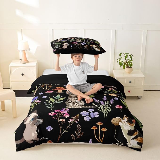 Erosebridal Cute Cat Comforter Cover Twin Kitten Cat Lovers Bedding Set Black Boho Watercolor Floral Duvet Cover for Kids Girls Boys Adults Funny Pet Animal Bed Set