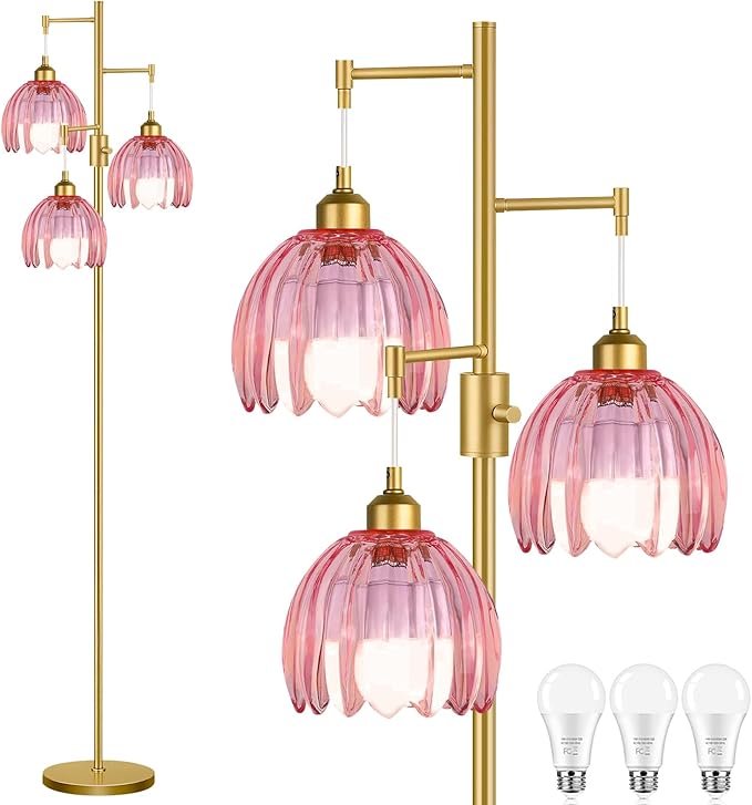 ZECOXOL Gold Floor Lamps for Living Room Vintage Pink Floor Lamp with Glass Lmapshape & Three Led Bulb,Dimmable Mid Century Modern Standing Lamp Tall Tree Flower Floor Lamps for Bedroom,Office,Corner