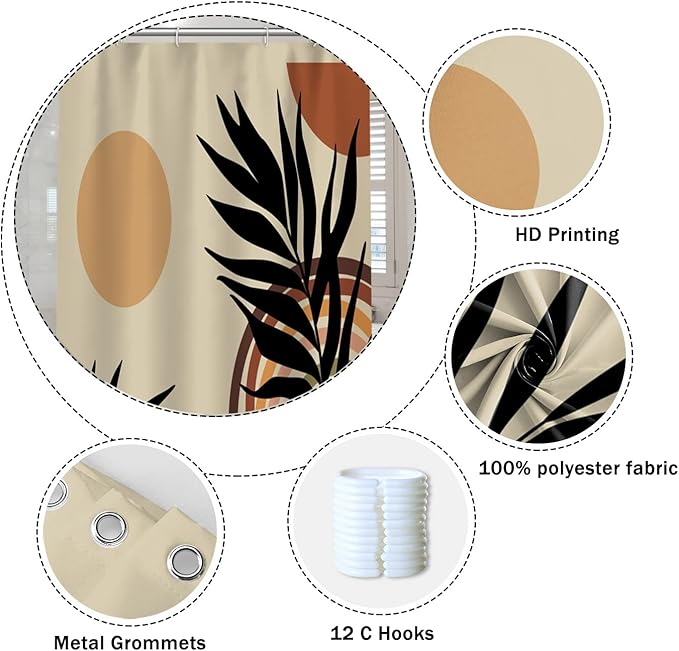 Abstract Mid Century Bohemian Bathroom Shower Curtain Eucalyptus Leaves Colorful Arch Sun Shower Curtain with Hooks Waterproof Fabric Polyester Shower Curtain Art Home Decor, 72x84 Inch