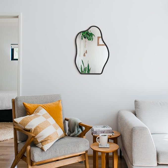 Modern Asymmetrical Mirror Unique Irregular Wooden Framed Mirror for Wall Hanging Mirrors Artistic Cloud Shape Wall Mirror Decor Bathroom Bedroom Living Room Entryway Hallway Small