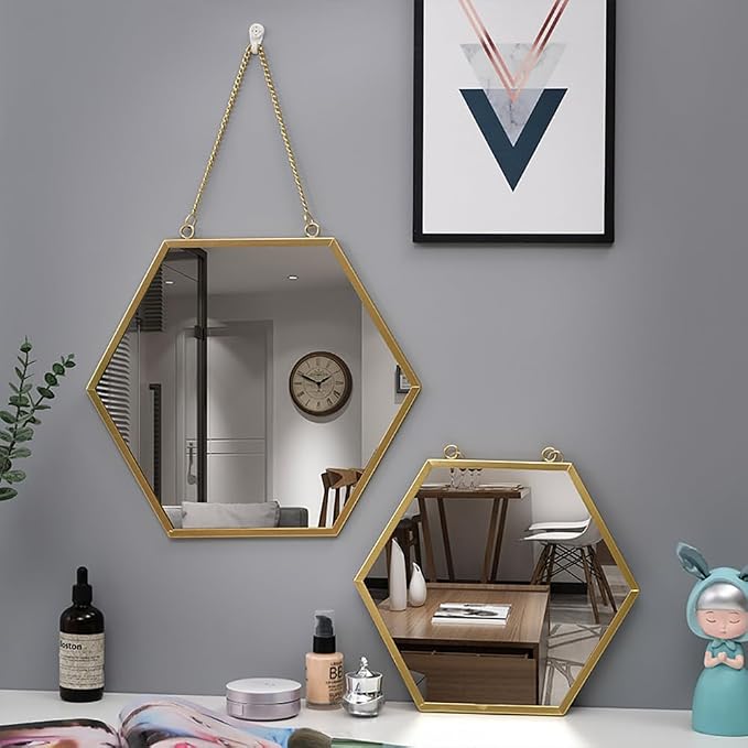 Gold Mirrors for Wall - 2pcs/Set Metal Hexagon Mirror Room Decor & Home Decor Decorative Hanging Boho Mirror Wall Decor for Bedroom Living Room Entryway (Hexagonal)