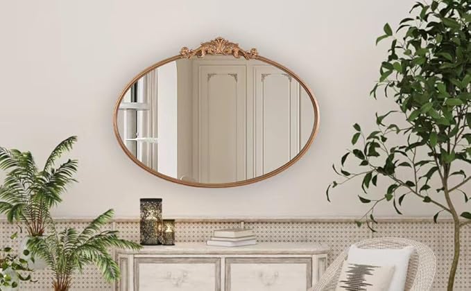 Gold Oval Mirror for Wall,Baroque Fireplace Decor,Brass Wall Mirror,Victorian Vintage with Full Matel Frame,Ornate Entryway/Bathroom/Living Room/Hallway 36''X24'' (XD-004ZM)