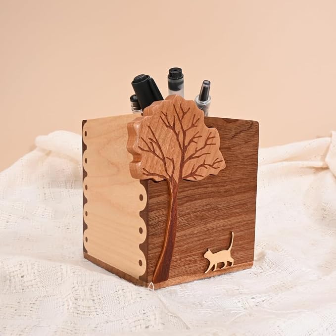 Wooden Desk Tray with Pen Holder Set Natural Wood Office Desk Pencil Pen Cup Holder Paper Clip Storage Sticky Note Holder Organizer Tray for Keys Pen Watch