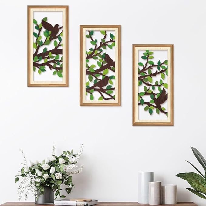 IARTTOP 3 Pcs Nature Silhouette Wall Art Set Green Leaf Botanical Wall Decor Bird on Branch Art Prints Rustic Farmhouse Wood-Look Art Decor for Living Room Bedroom Office 8x16 Inch