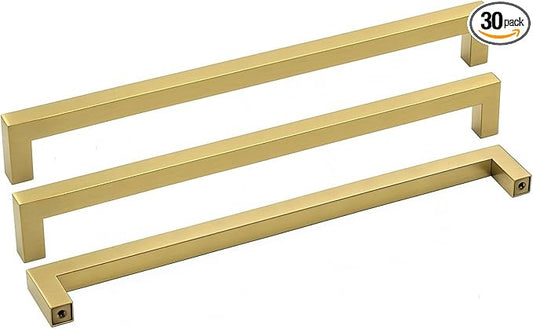 Goldenwarm Brushed Brass Drawer Pulls Kitchen Cabinet Door Handle -LSJ12GD288 Gold Cabinet Pulls Modern Square Drawer Dresser Knobs Furniture Hardware Cupboard Pulls 11-1/3 inch Hole Center 30 Pack