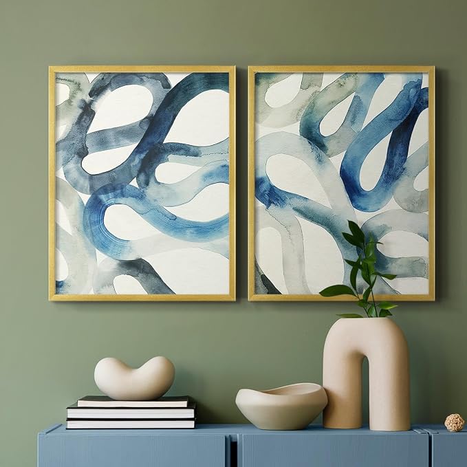 Renditions Gallery Set of 2 Peel & Stick Framed Prints, Watercolor Abstract Wall Art, Aquatic Water and Sand Strokes Wall Decor, Re-Stickable - Ready to Hang - 22"x28" - GOLD Frame LT588