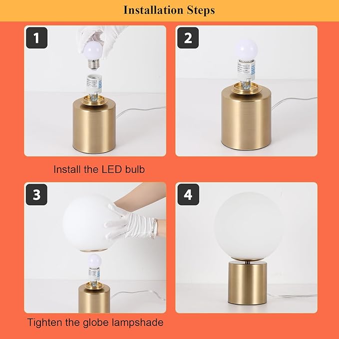 11 Inch Modern Mid Century Gold Globe Table Lamp,Round Bedside Nightstand Lamp with White Glass Shade Metal Base Desk Lamp for Bedroom Living Room End Table