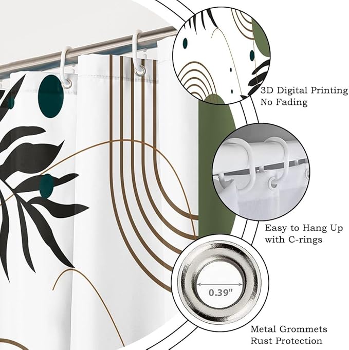 Mid Century Boho Shower Curtain for Bathroom Modern Minimalist Neutral Bathroom Decor Abstract Green Leaf Arch Sun Aesthetic Bath Curtains Washable Waterproof Polyester Fabric with Hooks 69x75 Inch