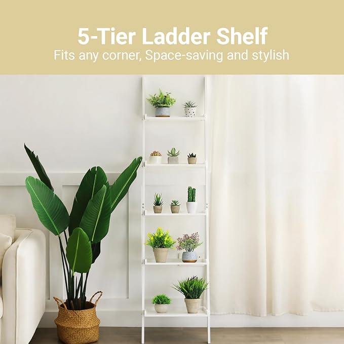 Ladder Shelf 5-Tier Bookshelf – Storage Rack Shelves Wall Leaning Shelf,White Freestanding Plant Flower Stand, Corner Display Bookcase