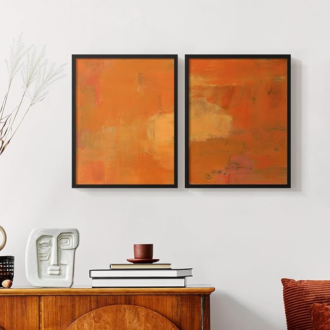 Renditions Gallery Set of 2 Peel & Stick Framed Prints, Abstract Wall Art, Rustic Fain Marking with Brush Strokes Wall Decor, Re-Stickable - Ready to Hang - 11"x14" - Black Frame LT588