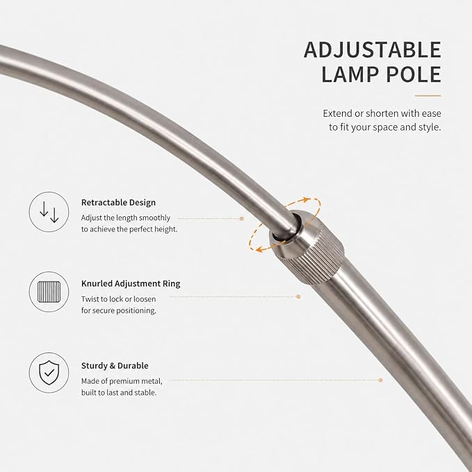 Murmurglow-74.8”Modern Arc Floor Lamp,Industrial Adjustable Silver Floor Lamp with Square Marble Base,3 Color Temperatures Reading Standing Lamps for Living Room, Bedroom,Office