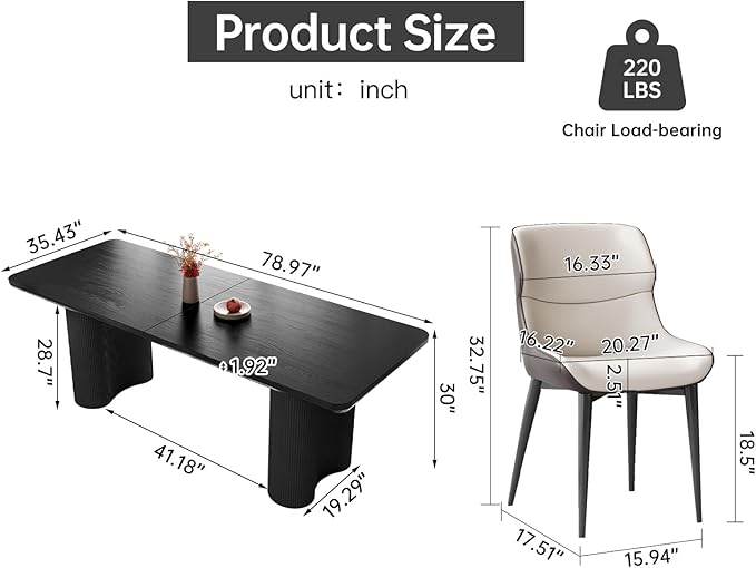5-Piece Modern Dining Set, 78.97" Dining Table Set for 4, Rectangular Kitchen Table with 4 Chairs for Dining Room Kitchen Living Room, Black