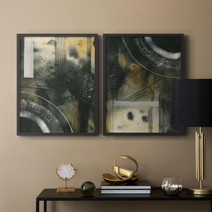 Renditions Gallery Set of 2 Peel & Stick Framed Prints, Moody Abstract Wall Art, Circular and Splattered Effects Wall Decor, Re-Stickable - Ready to Hang - 16"x20" - Black Frame LT588