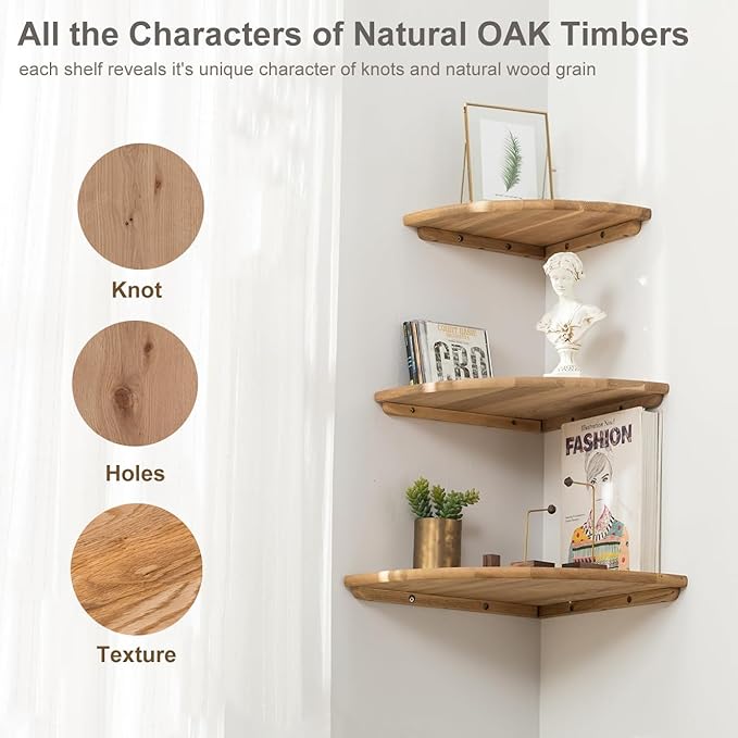 Corner Shelf, 7inch Solid Oak Wood Floating Corner Shelf Wall Mount Round End Floating Speaker Shelves with Wire Hole for Small Plant Photo Frame for Bedroom Kitchen, Living Room | Wire Hole, Small Plant, Photo Frame, Bedroom, Kitchen, Living Room