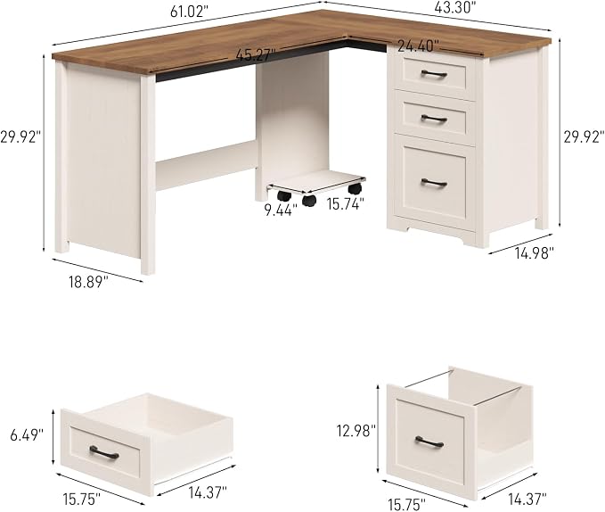 Vabches 61”Farmhouse L Shaped Executive Desk with File Drawers, Corner Computer Desk with Mobile CPU Stand, Wood Writing Computer Desk for Work, Study.Unique White