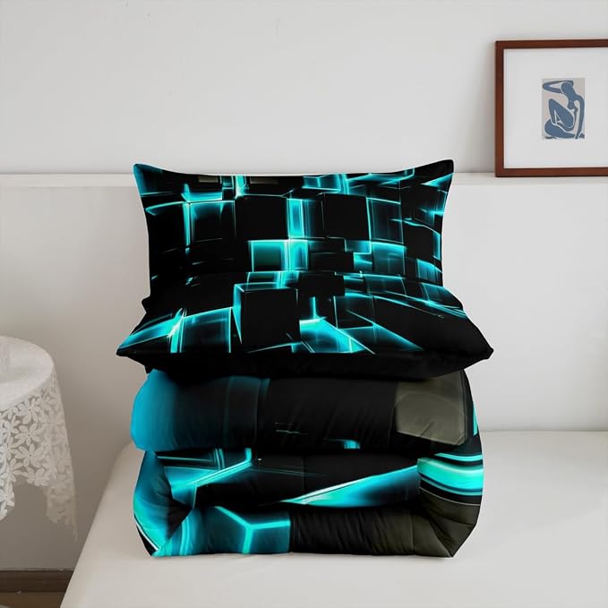 Erosebridal Modern Kids Comforter Set, 3D Plaid Square Print King Size Bed Set for Teen Boys, Black and Teal Soft Microfiber Bedding Sets for All Seasons, 3 Piece