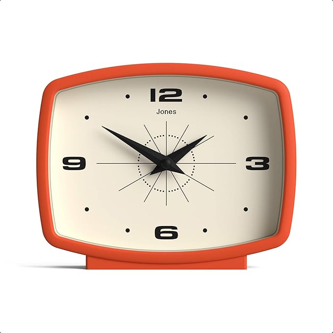 JONES CLOCKS® Film Desk Clock | Retro Rectangular Design | Orange | Retro Design, Blending mid-Century Style with a Punchy Modern Finish for Shelf, Table, Mantel or Bedside
