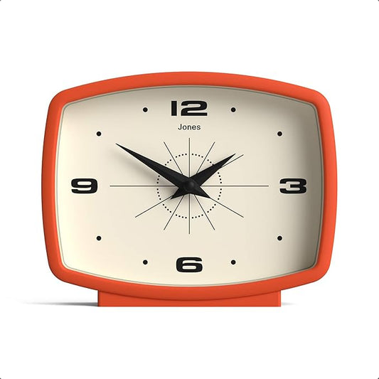 JONES CLOCKS® Film Desk Clock | Retro Rectangular Design | Orange | Retro Design, Blending mid-Century Style with a Punchy Modern Finish for Shelf, Table, Mantel or Bedside