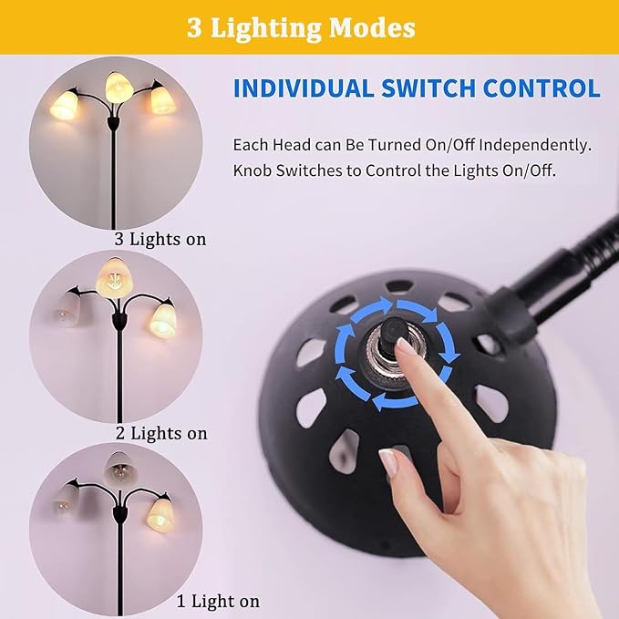 FIRVRE Modern Reading Floor Lamp, 3-Light Floor Lamp Black with Reading Lamp, Adjustable Flexible Tree Standing Lamp for Bedroom Study Room Office, Modern Multi Head Reading Floor Lights, E26 Base