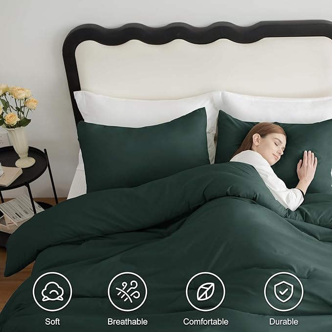 CozyLux Queen Comforter Set Forest Green, 3 Pieces Lightweight Comforters Queen Size Bedding Sets, All Season Breathable Solid Down Alternative Comforter with 2 Pillowcases, Bed Set Gift for Home