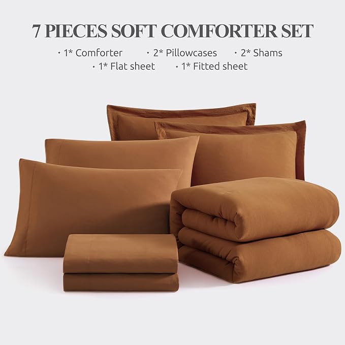 WRENSONGE Oversize King Size Comforter Set- 7 Pieces Soft Terracotta Bed in a Bag with Fitted Sheet, Flat Sheet, 2 Pillow Shams, 2 Pillowcases, Warm Bedding Sets for All Season