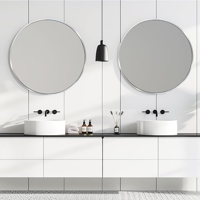 Silver Round Mirror, Circle Mirror 24 inch, Silver Round Bathroom Mirrors, Circle Wall Mirrors for Bathroom, Living Room, Hallway, Vanity, Over Sink, Mantel