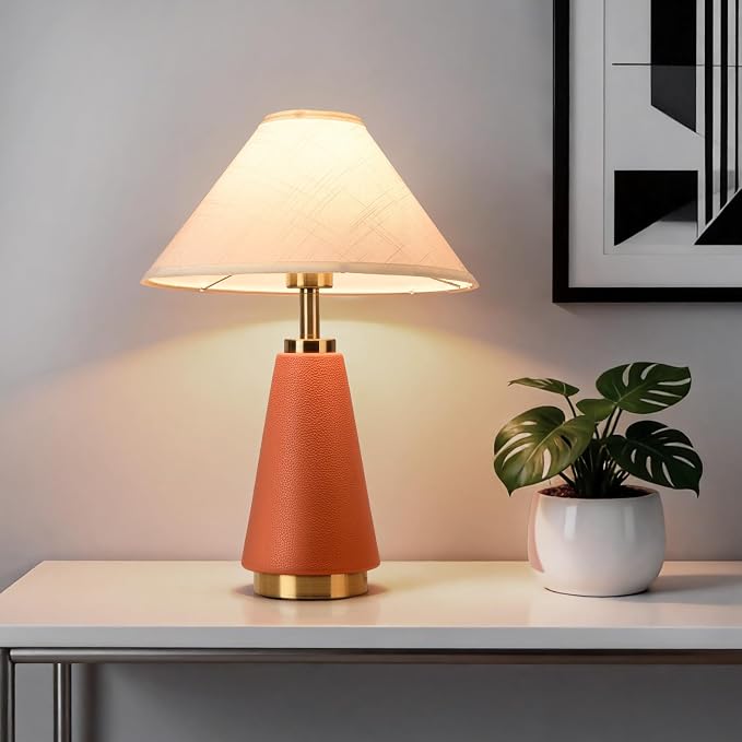 18.11 Inch Mid Century Modern Orange Table Lamp, MCM with Beige Fabric Shade, PU Leather Table Lamp for Kitchen Counter, Bedroom, Nightstand, Desk Lighting, Bookshelf, Living Room, Kids Dorm