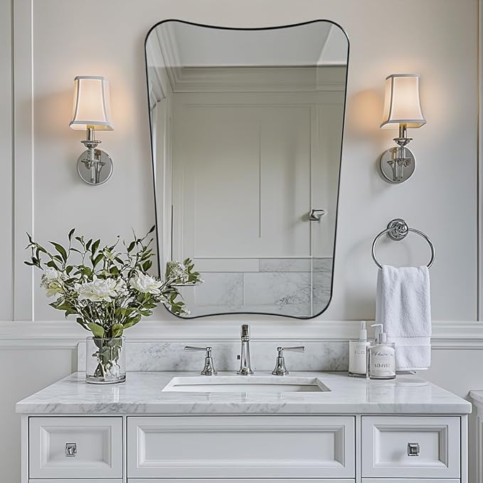 ANDY STAR Brushed Nickel Mirror, 26x38” Scalloped Bathroom Mirrors, Silver Bathroom Vanity Mirror, Modern Scalloped Edge Design in Rust-Proof Stainless Steel 1” Frame