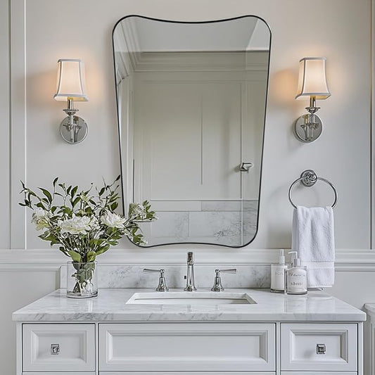 ANDY STAR Scalloped Bathroom Mirror, 26x38 Inch Brushed Nickel Frame Mirror, Silver Bathroom Vanity Mirror, Modern Scalloped Edge Design in Rust-Proof Stainless Steel 1” Frame