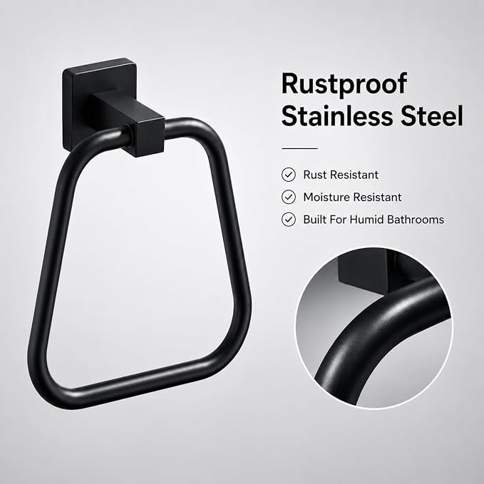 Matte Black Towel Ring for Bathroom, Kitchen Bath Towel Holder Hangers Wall Mount Heavy Duty Stainless Steel