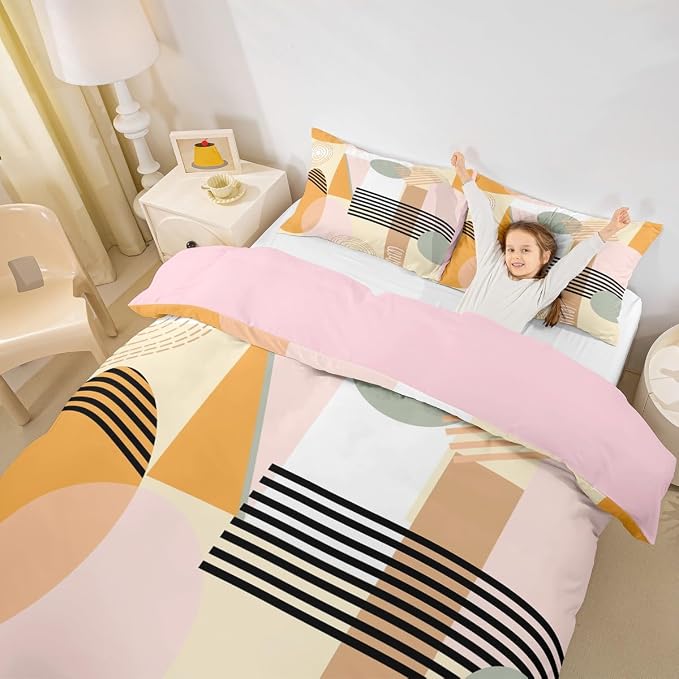 Erosebridal Pink Yellow Abstract Duvet Cover Toddler Size for Kids Teens Girls | Colorful Geometric Comforter Cover Minimalist Circle Modern Bedding Set Boho Contemporary Aesthetic Bed Set