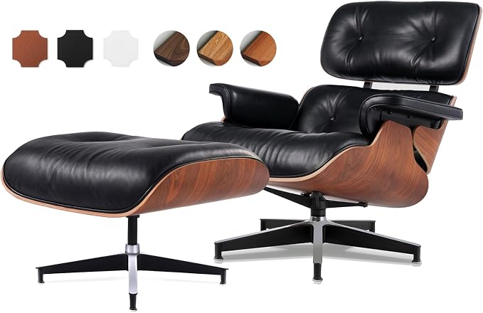 Top Black Grain Leather, Mid Century Chaise Lounge Chair and Ottoman, Accent Chair, Modern Chair, Classic Design, Heavy Duty Base Support for Living Room Lounge Office, Palisander, Heightening
