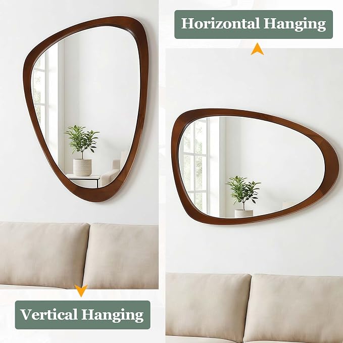 24x36 Inch Asymmetrical Wall Mirror Wood,Rustic Irregular Shaped Vanity Mirror for Bathroom,Bedroom, Living Room, Entryway, Fireplace,Wall Decor,Solid Wooden Frame (Yellow Brown, 24"x36" Inch)