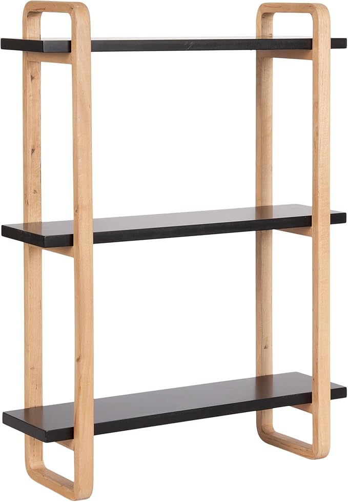 Kate and Laurel Summit Modern Three-Tier Wall Shelf, 18 x 6 x 25, Black and Natural Wood, Transitional Decorative Multi-Tiered Storage Shelf Wall Organizer for Decor and Display