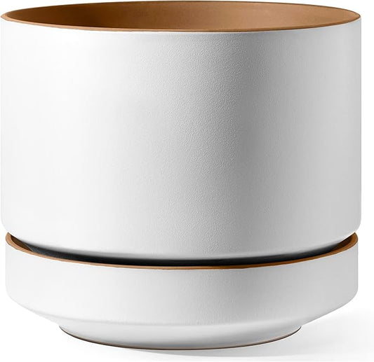 LE TAUCI 14 Inch Large Plant Pot with Saucer, Ceramic Outdoor & Indoor Big Planter with Drainage Hole, Mesh Pad & Plug Included, Matte Glazed Outside, Modern for Home and Patio, Alpine White & Ochre