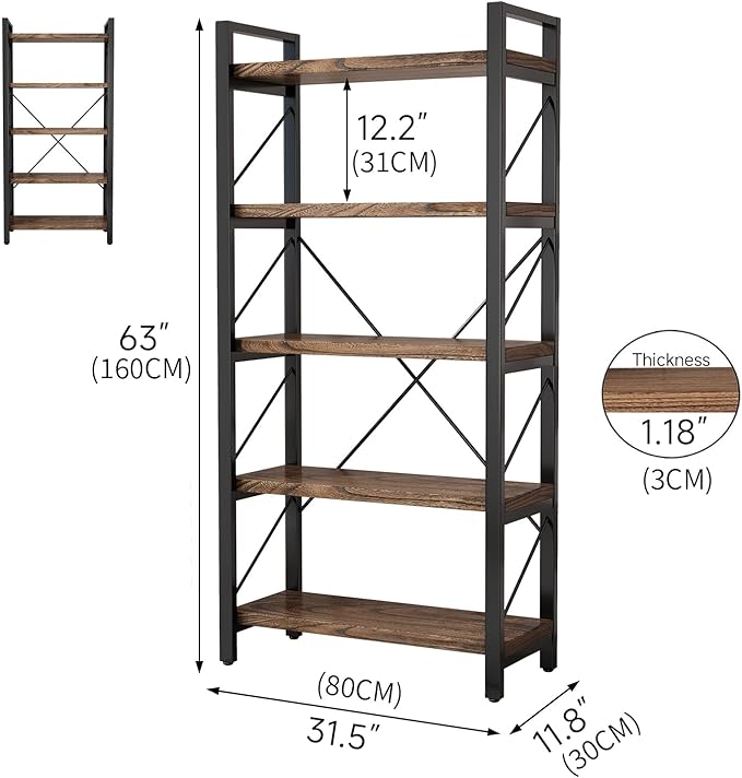 5 Tier Bookshelf Rustic Solid Wood Industrial Style Bookcase,Metal and Real Wood Vintage Bookshelf,Book Shelves Home Office, Retro Brown,Dark Matching credenza(LZ01-05tier) (5Tiers)