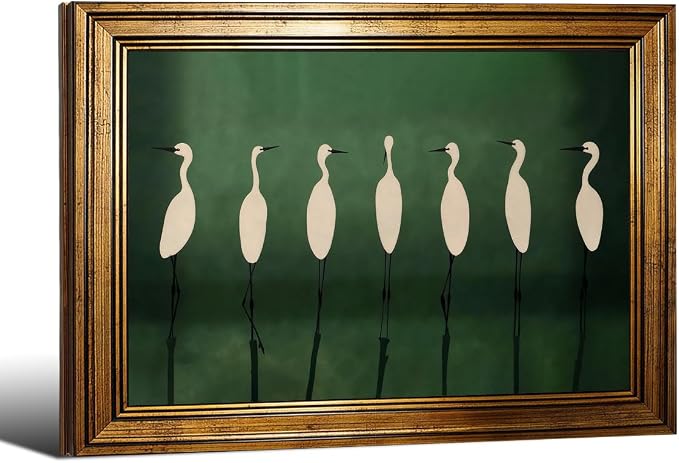 Japanese Cranes Wall Art 24x36 inch Gold Framed Retro Bird Animal Canvas Poster Nature Minimalist Green Home Prints for Living Room Bedroom Office Decor
