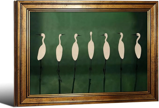 Japanese Cranes Wall Art 24x36 inch Gold Framed Retro Bird Animal Canvas Poster Nature Minimalist Green Home Prints for Living Room Bedroom Office Decor