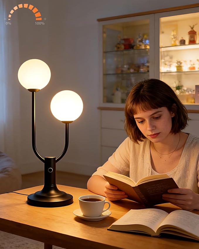 Lightdot 2-Globe Table Lamp for Bedroom Mid Century Modern Black Small Desk Lamp 3000K Warmwhite Dimmable Nightstands Lamp Bedside Table Lamp for Living Room Home Office