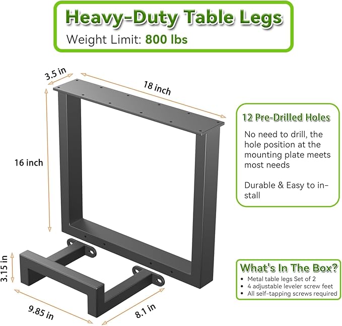 Upgraded 2 Tier Coffee Table Legs, Square Metal 16 Inch Height 18 inch Width, Heavy Duty Bench & DIY Side Table Legs Set of 2